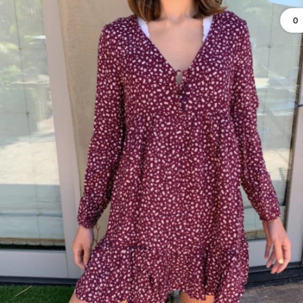 Pull&Bear Maroon floral flowy long-sleeved dress size XS